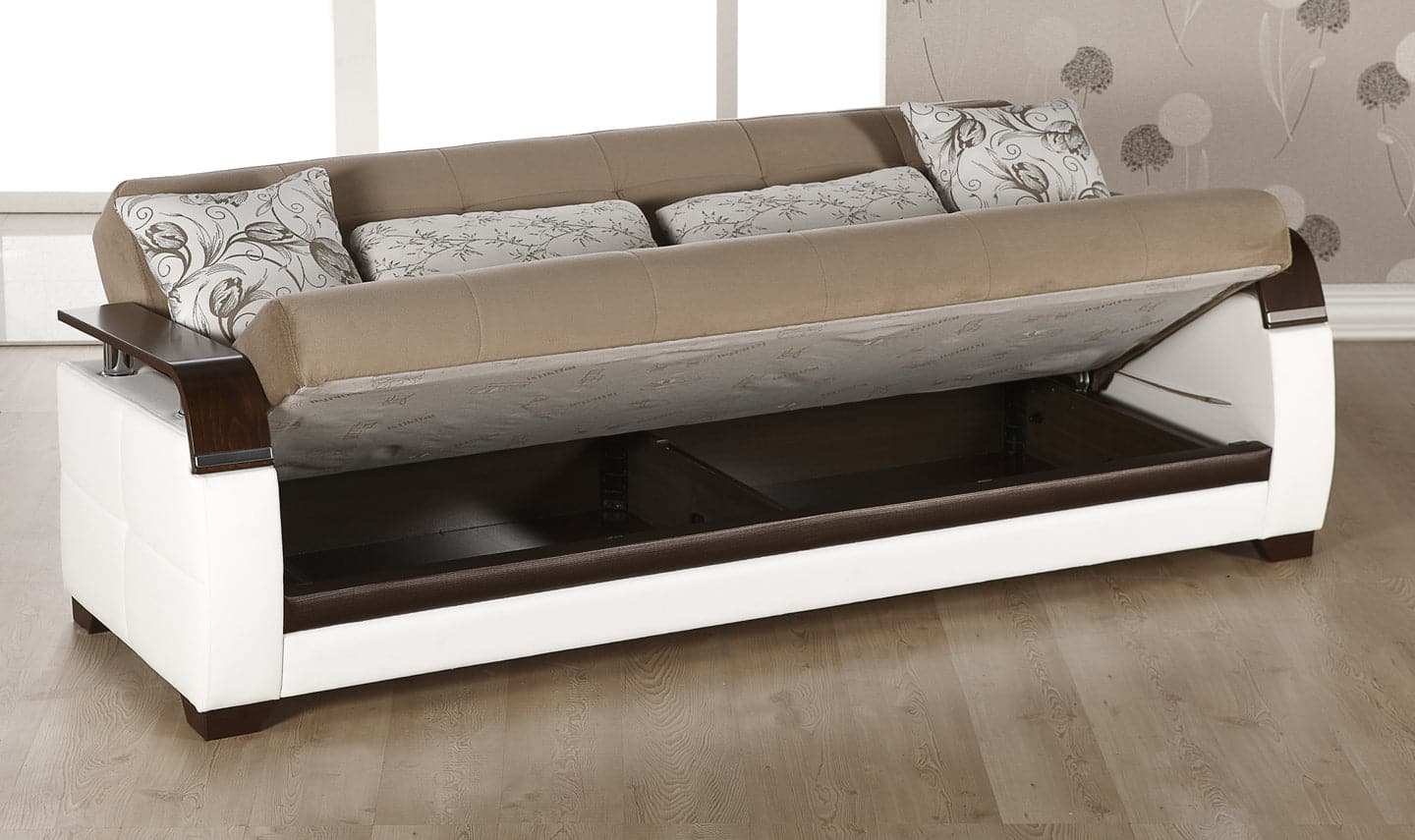 Natural Sleeper Sofa Bed – 88" Wide with Wooden Arms & Hidden Storage | Modern Functional Sofa - Best Buy Furniture