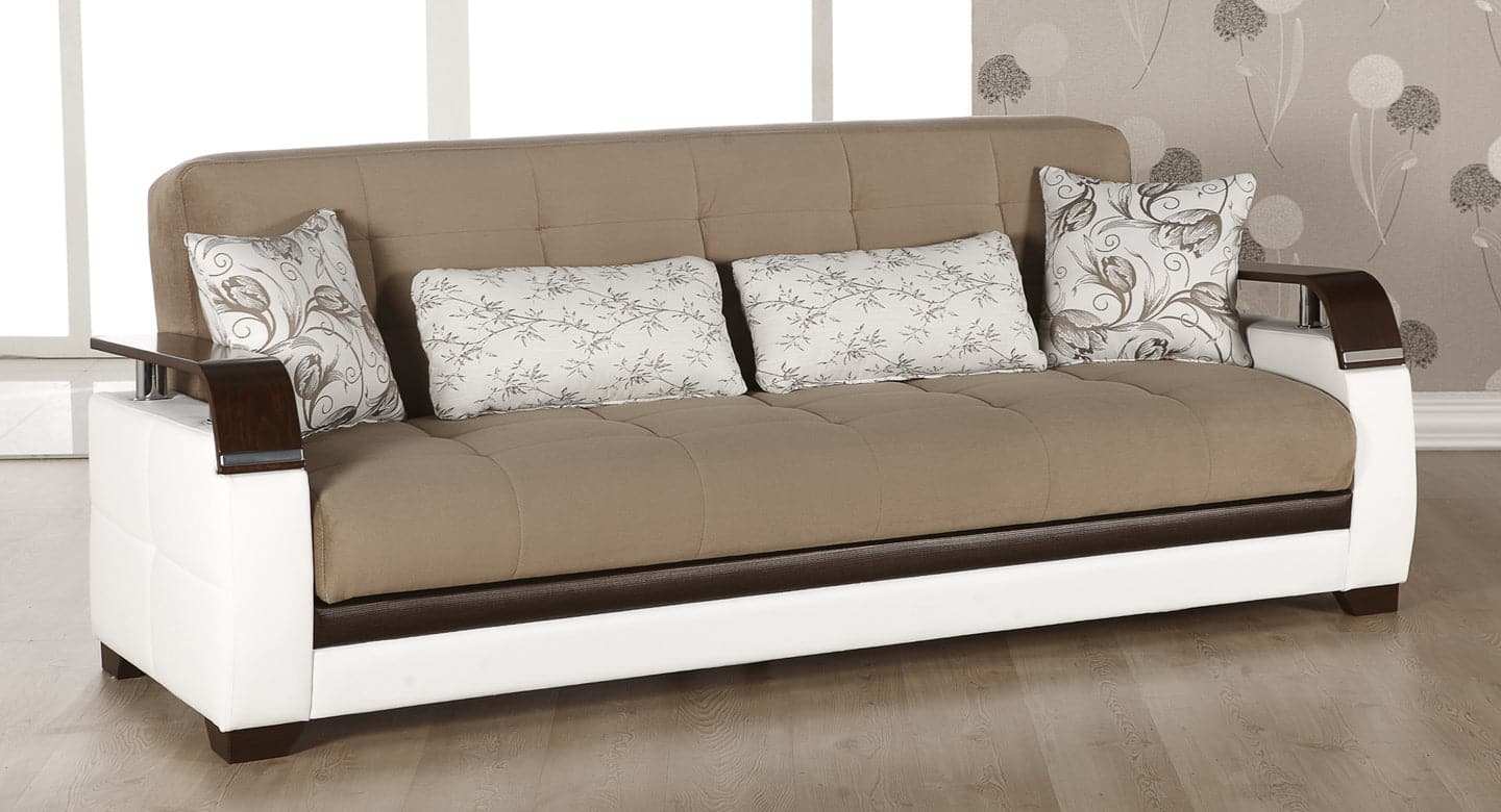 Natural Sleeper Sofa Bed – 88" Wide with Wooden Arms & Hidden Storage | Modern Functional Sofa - Best Buy Furniture