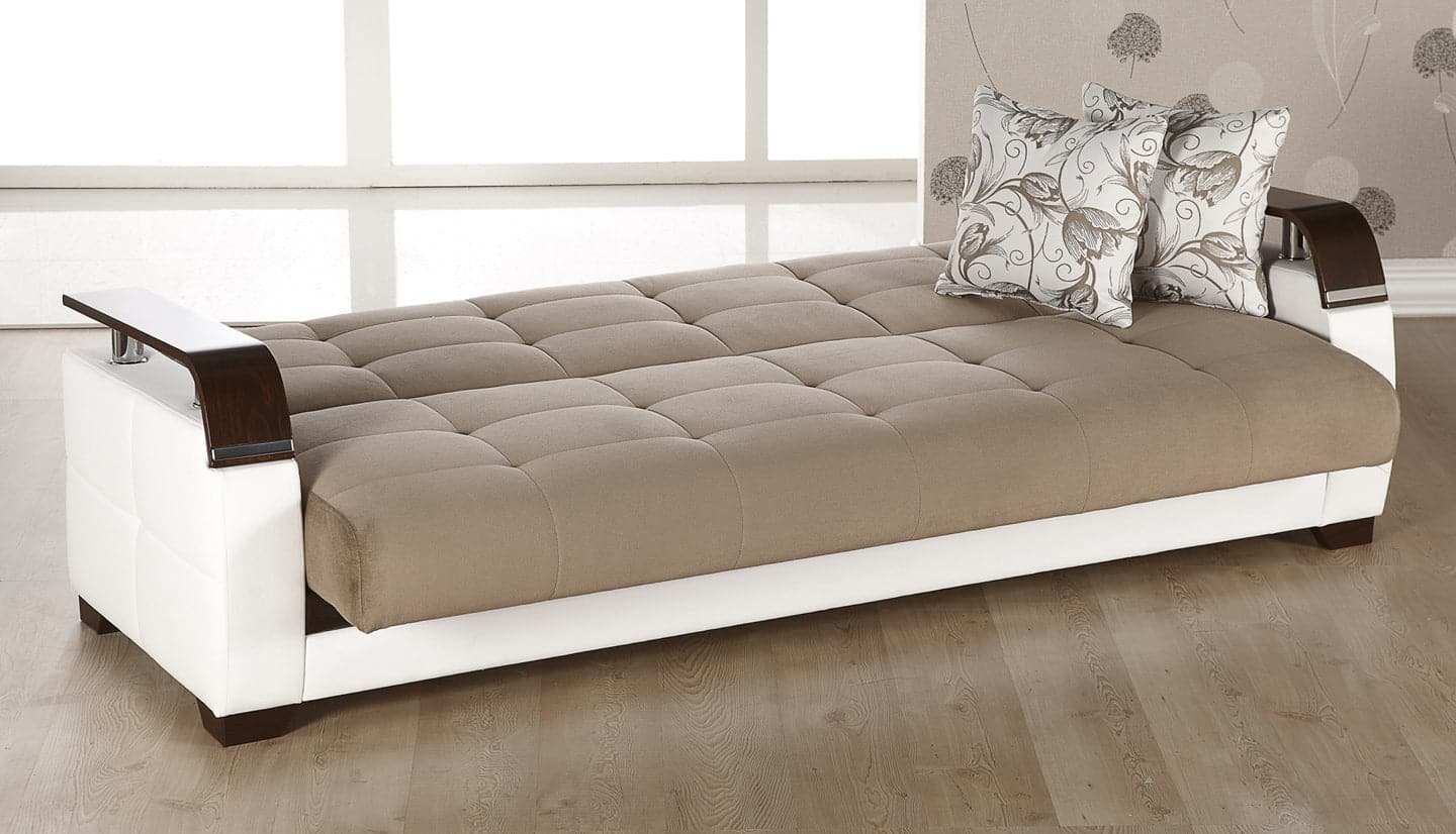 Natural Sleeper Sofa Bed – 88" Wide with Wooden Arms & Hidden Storage | Modern Functional Sofa - Best Buy Furniture