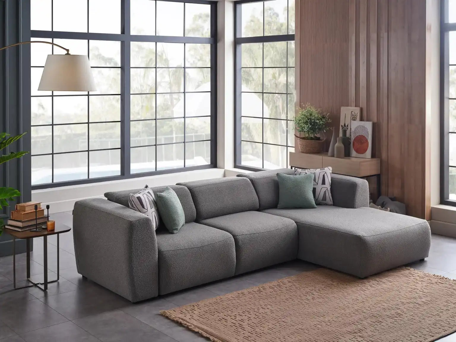Picasso 119" Wide Convertible Sleeper Sectional – Gray (RAF) Bouclé Fabric - Best Buy Furniture