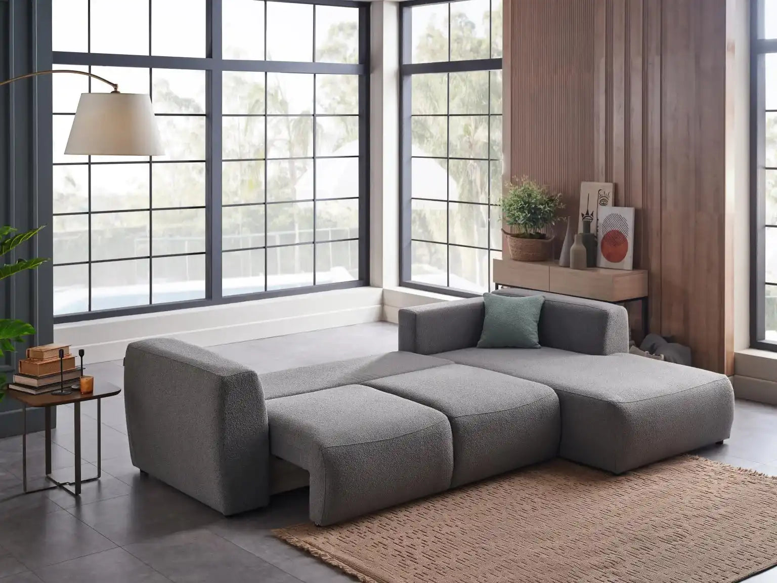Picasso 119" Wide Convertible Sleeper Sectional – Gray (RAF) Bouclé Fabric - Best Buy Furniture