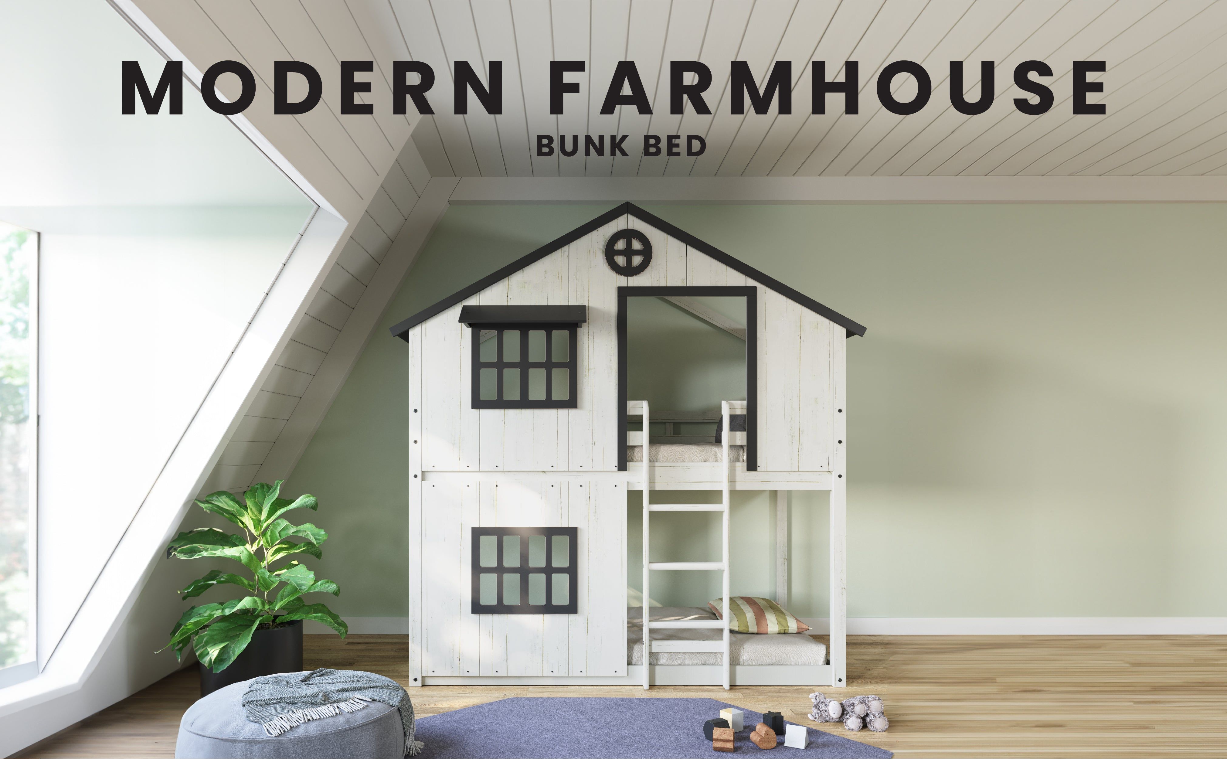 Modern Farmhouse Twin Over Twin Bunk Bed, White/Black