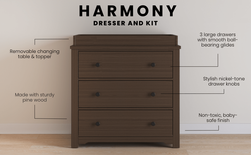 Harmony 3-Drawer Dresser With Changing Table Topper, Brushed Truffle