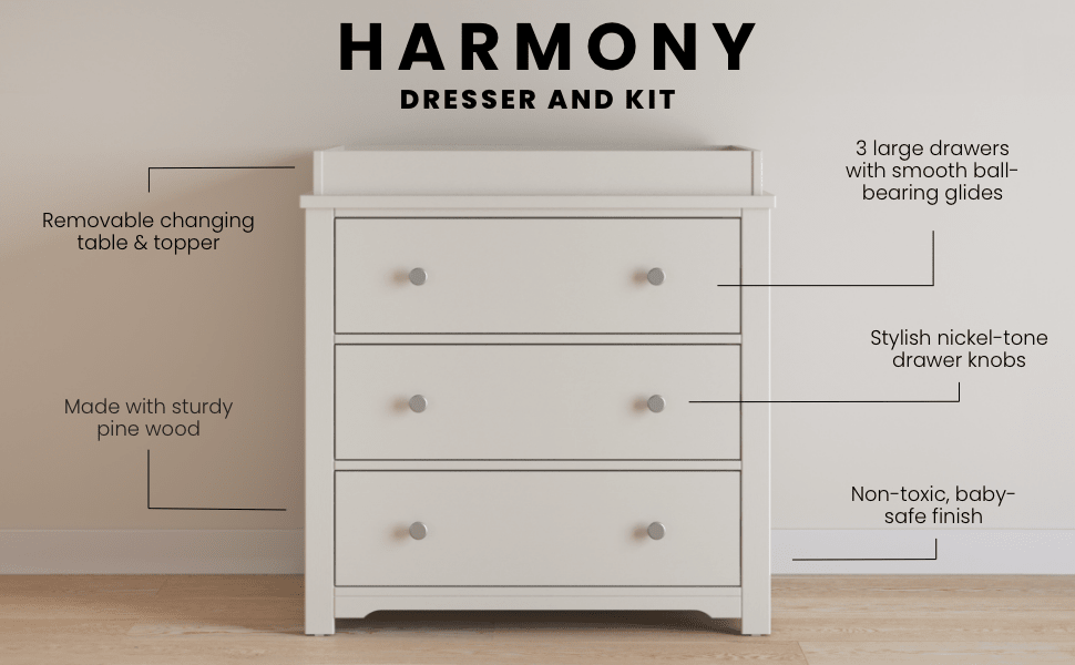 Harmony 3-Drawer Dresser With Changing Table Topper, Brushed Cotton