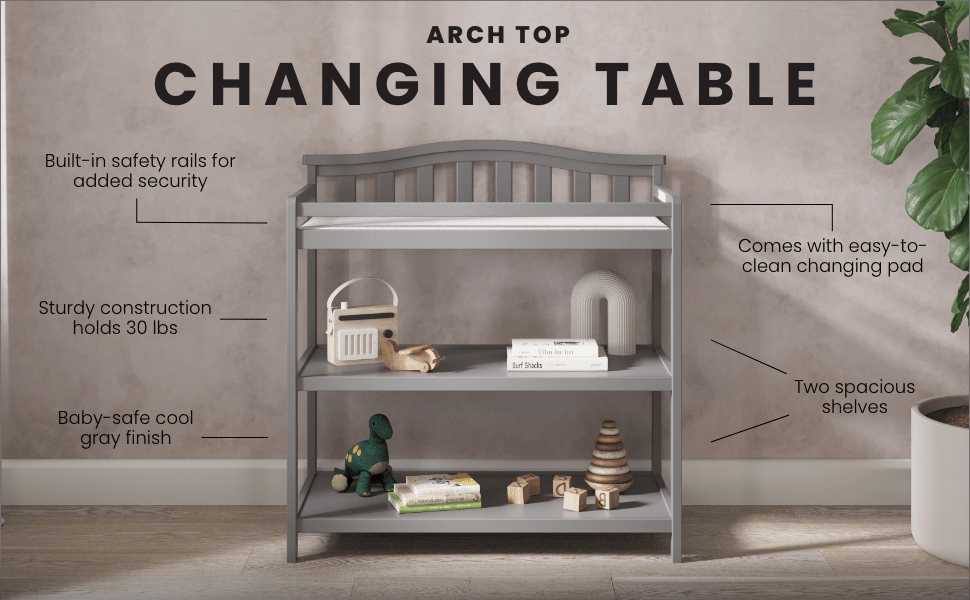 Arch Top Baby Changing Table, Cool Gray