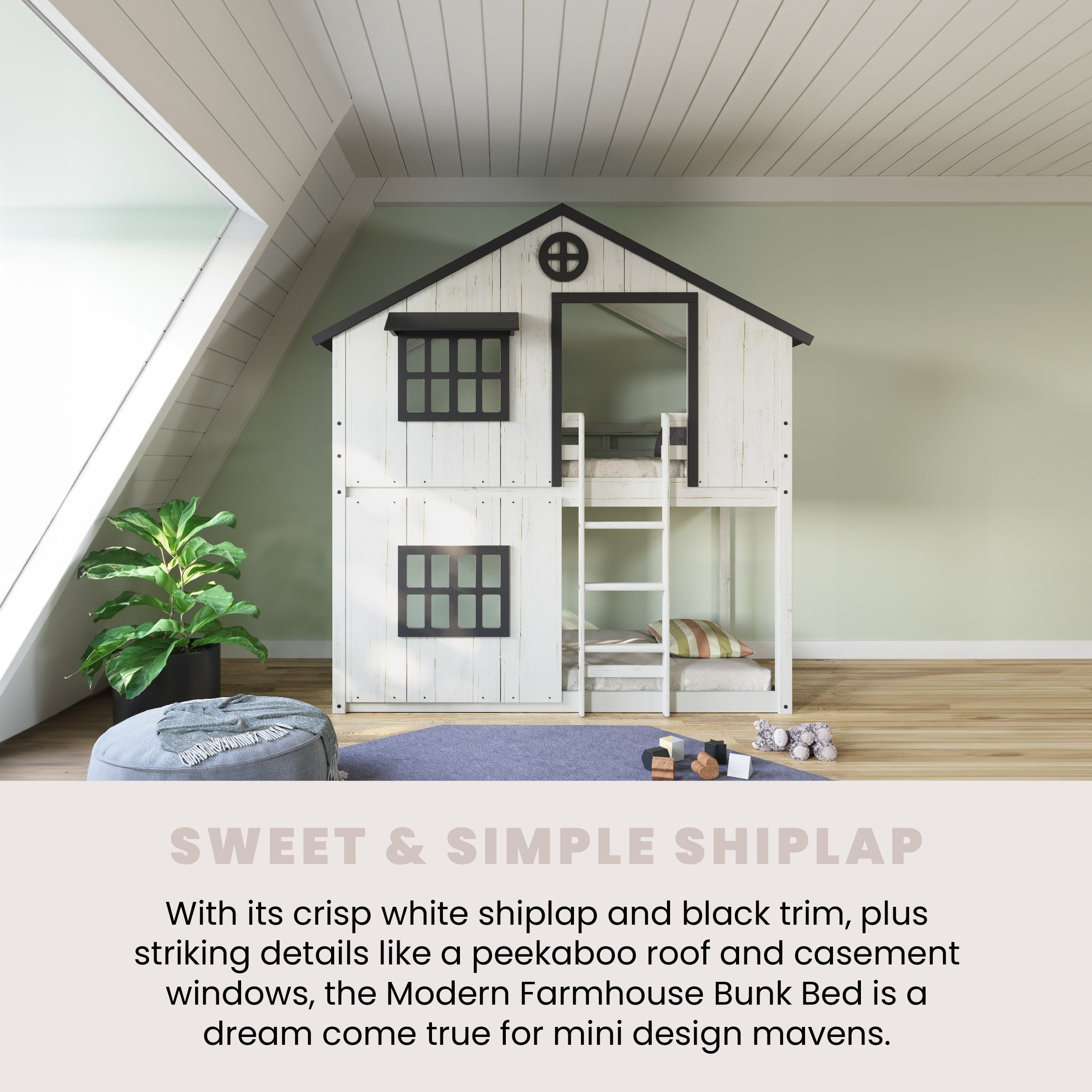 Modern Farmhouse Twin Over Twin Bunk Bed, White/Black