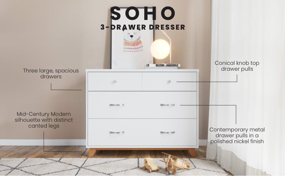 Soho 3-Drawer Dresser, White/Natural