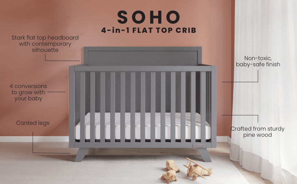 Soho 4-in-1 Flat Top Convertible Crib, Cool Gray