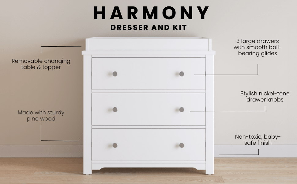 Harmony 3-Drawer Dresser With Changing Table Topper Matte White