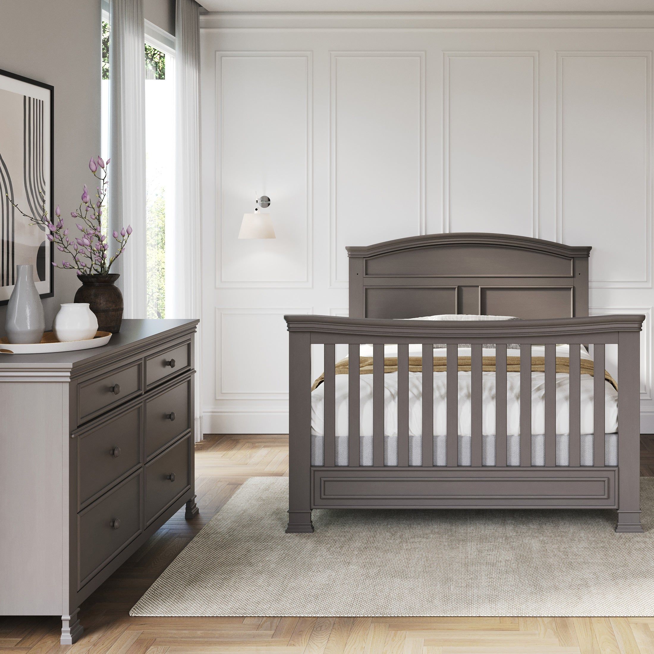 Full-Size Bed Rails with 2 Rails & 3 Slats, Pine Wood Chelsea Gray