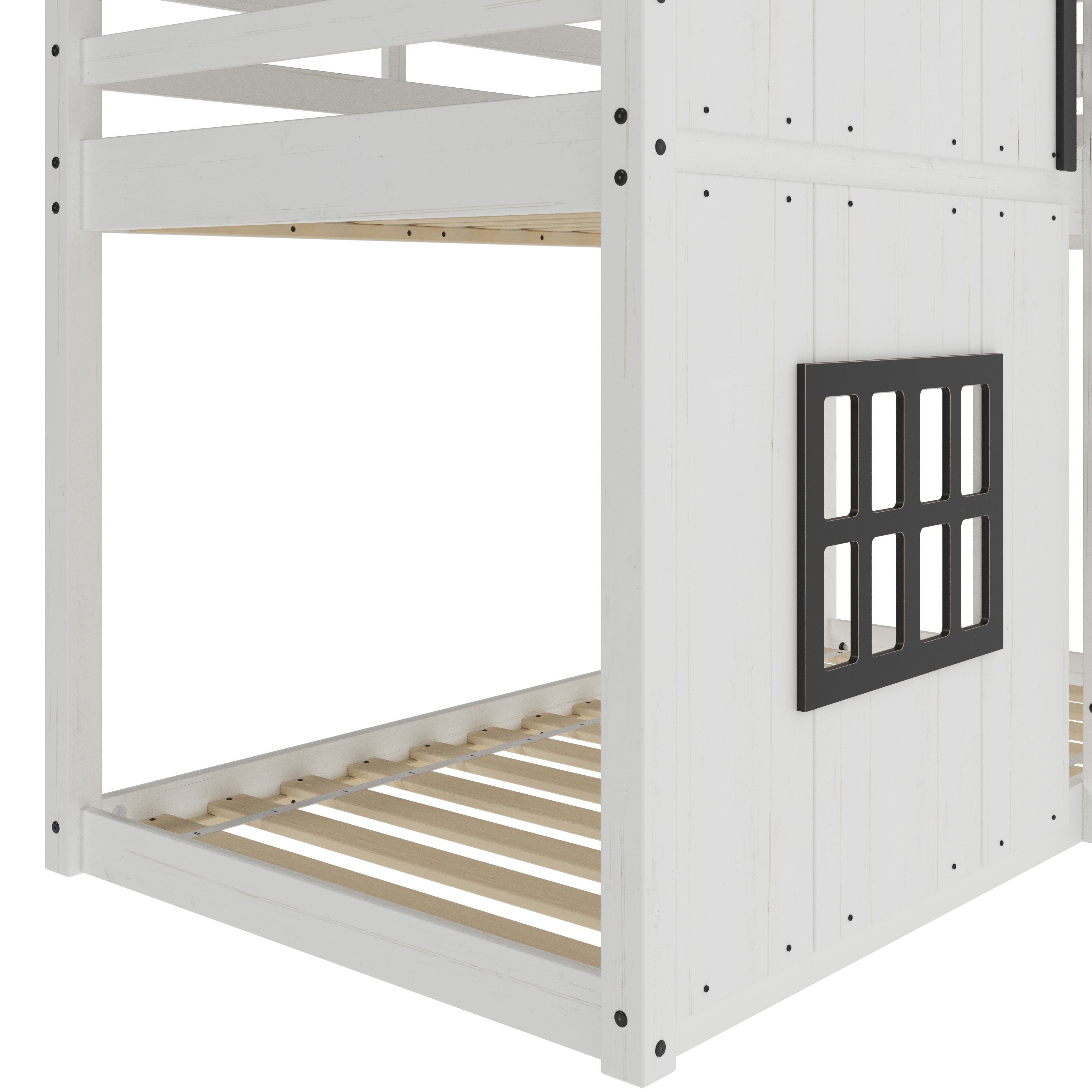 Modern Farmhouse Twin Over Twin Bunk Bed, White/Black