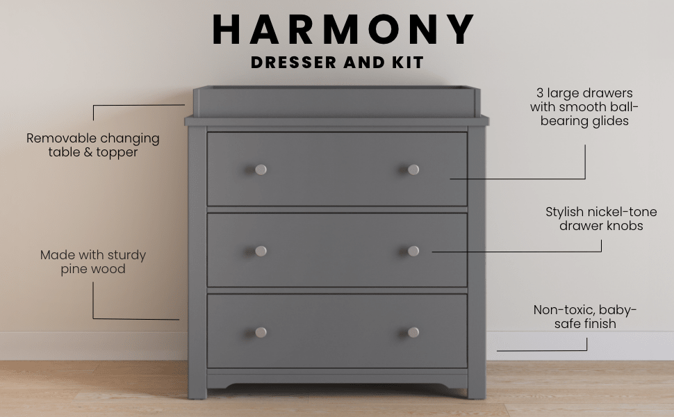 Harmony 3-Drawer Dresser With Changing Table Topper, Cool Gray