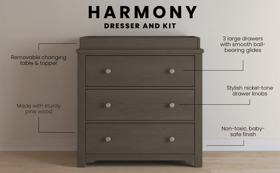 Harmony 3-Drawer Dresser With Changing Table Topper, Dapper Gray