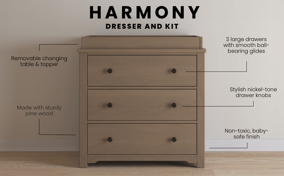 Harmony 3-Drawer Kids Dresser with Changing Table Topper