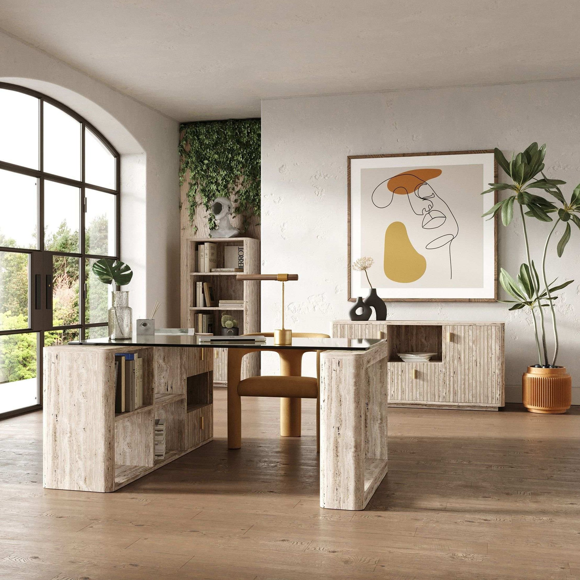 Nova Domus Roma - Modern Glass + Faux Travertine Reversible Desk - Best Buy Furniture