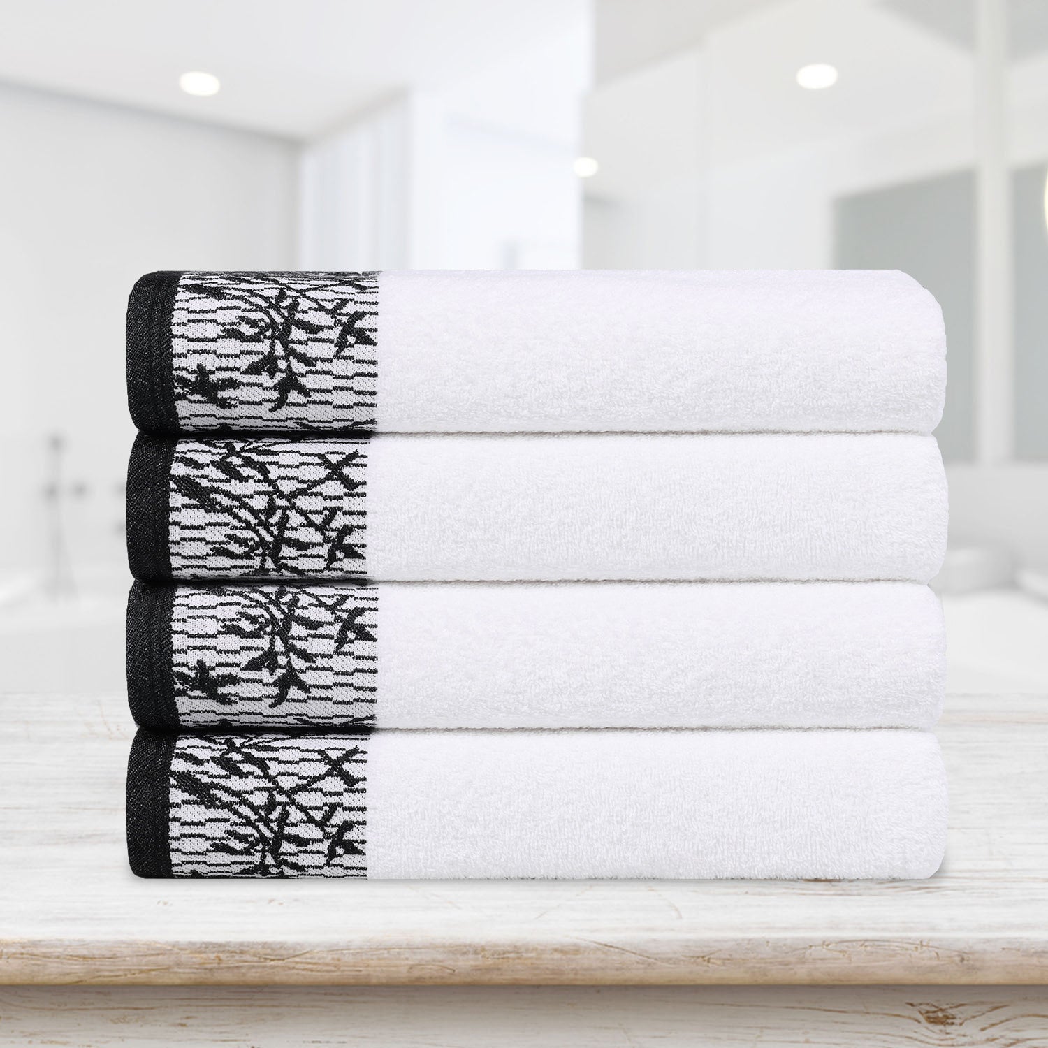 Cotton Floral Jacquard Border Bath Towel Set of 4 - Bath Towel by Superior Brand