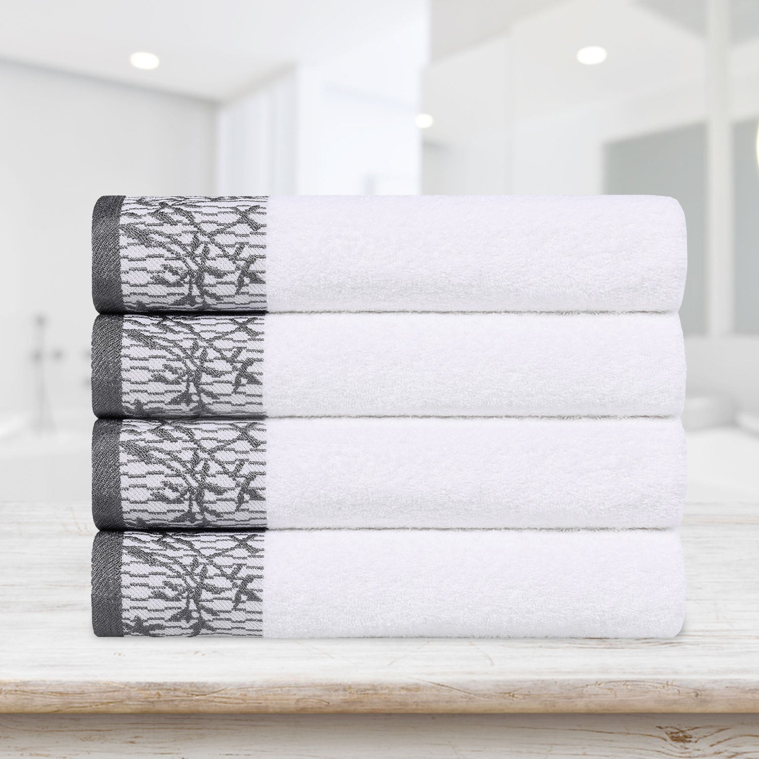 Cotton Floral Jacquard Border Bath Towel Set of 4 - Bath Towel by Superior Brand